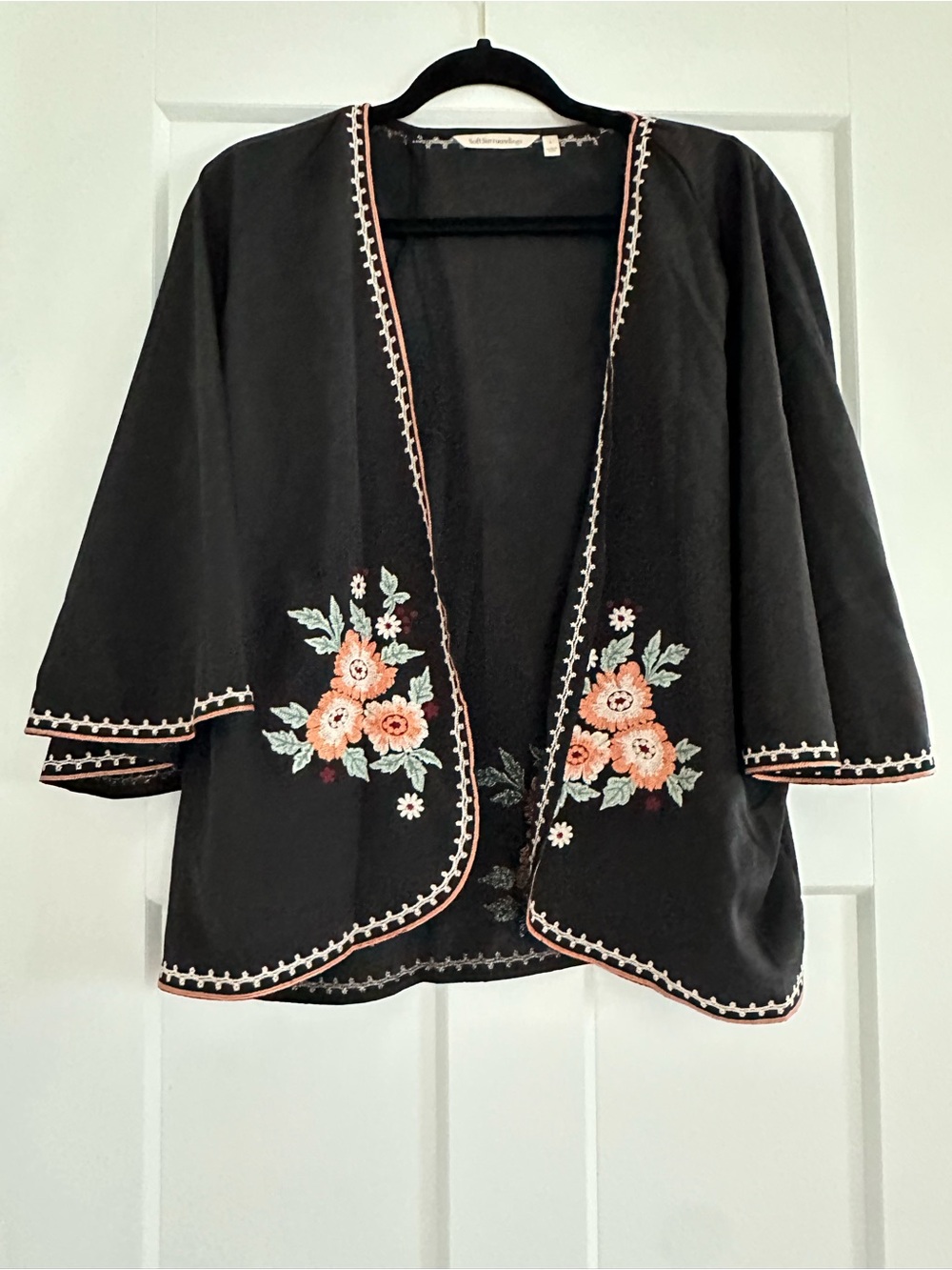 Soft Surroundings Black Open-Front Embroidered Floral Sweater